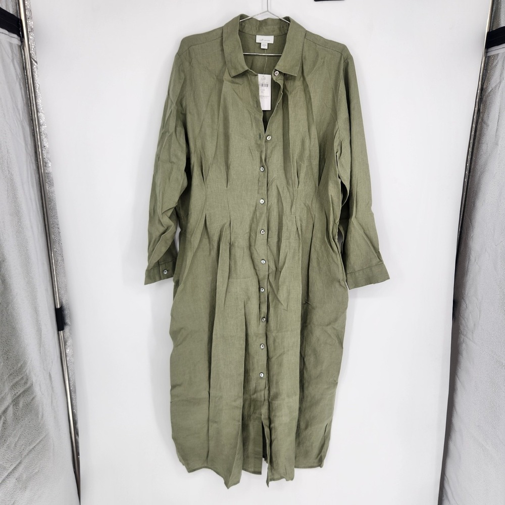 NWT J. Jill XL Olive Green Linen Midi Dart Waist Dress NWT